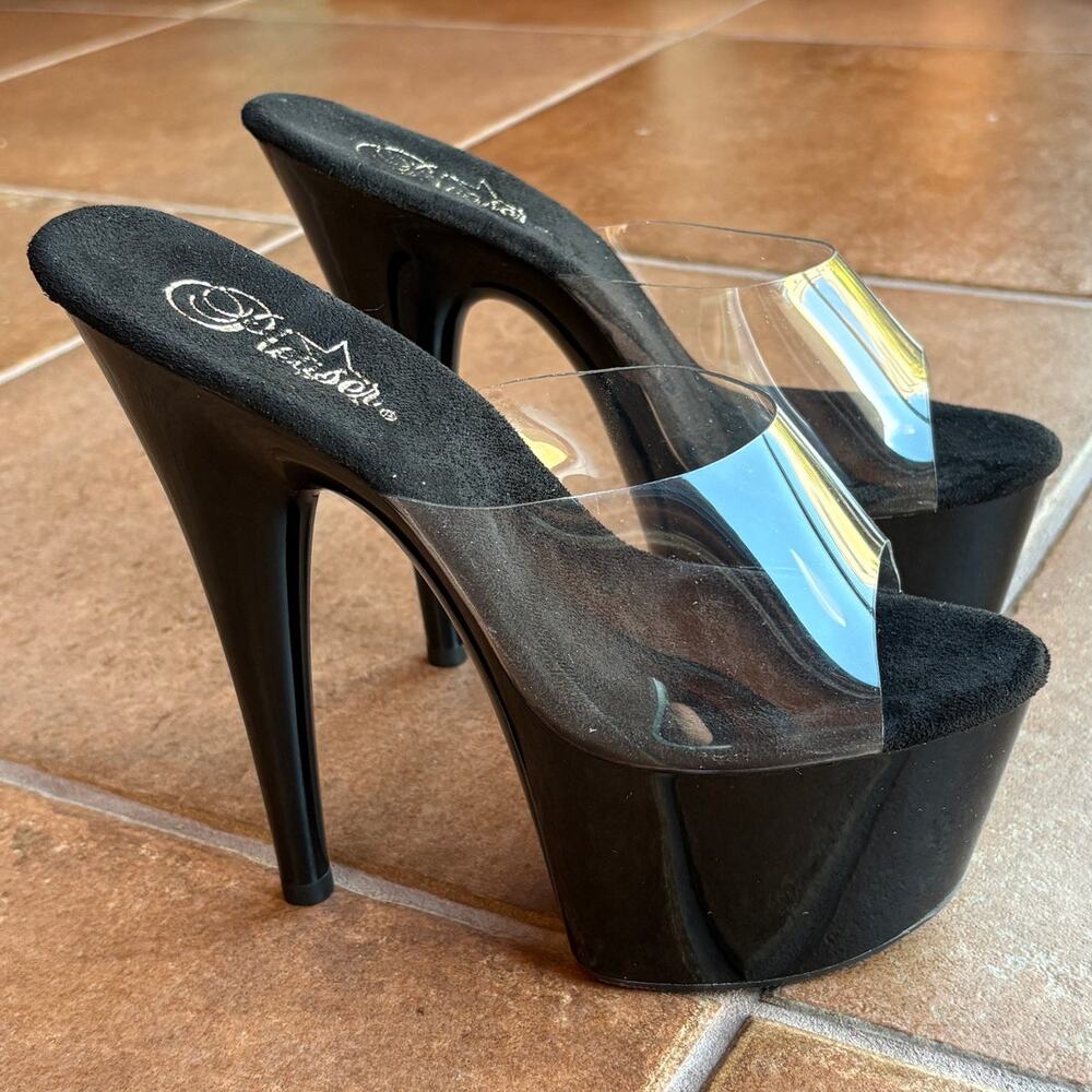 Pleaser Adore-701 Platform 7 Inch Stiletto Peep Toe Slides Black w Clear size 8